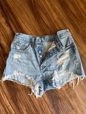 Levi's Light Blue Distressed Button-Fly Denim Shorts